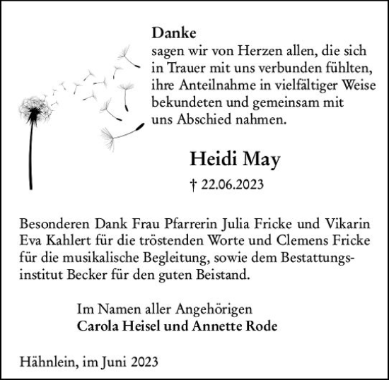 Traueranzeige von Heidi May von Darmstädter Echo
