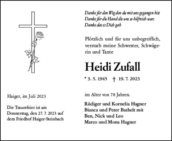 Traueranzeige von Heidi Zufall von Dill Block
