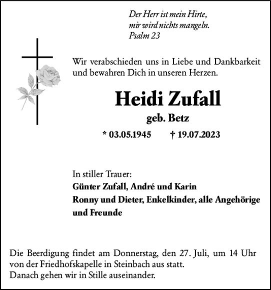 Traueranzeige von Heidi Zufall von Dill Block