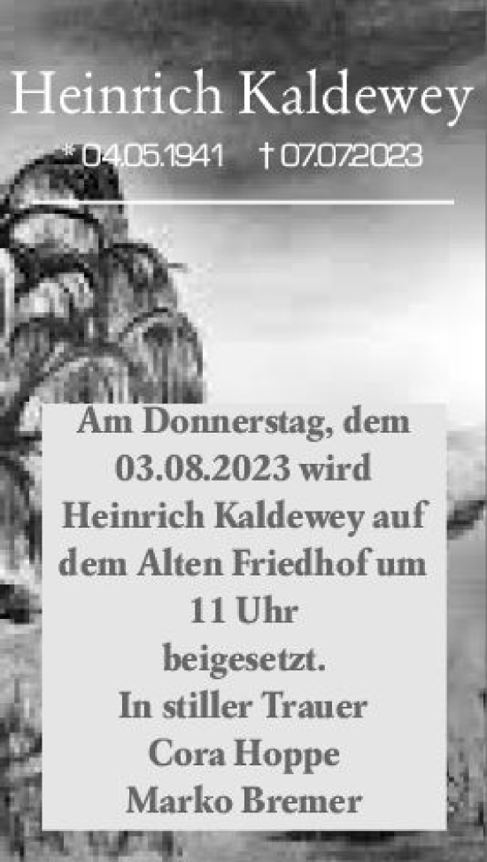Traueranzeige von Heinrich Kaldewey von Wetzlarer Neue Zeitung