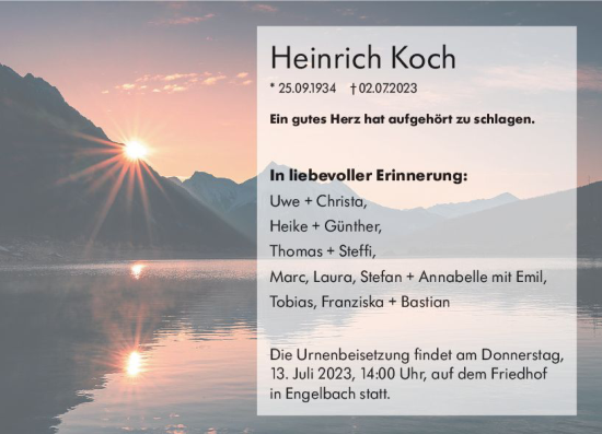 Traueranzeige von Heinrich Koch von Hinterländer Anzeiger