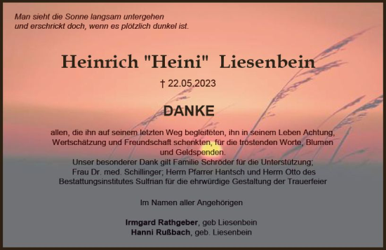 Traueranzeige von Heinrich  Liesenbein von Allgemeine Zeitung Alzey