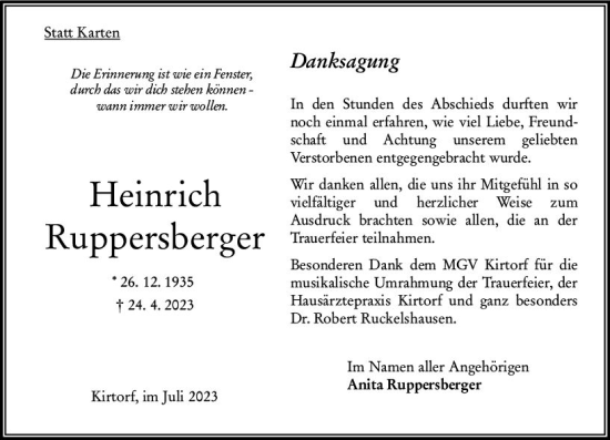 Traueranzeige von Heinrich Ruppersberger von Oberhessen Kurier