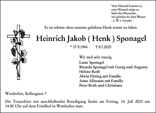 Traueranzeige von Heinrich Jakob Sponagel von Wormser Zeitung