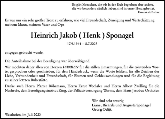 Traueranzeige von Heinrich Jakob Sponagel von Wormser Zeitung