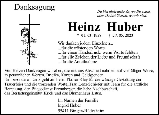 Traueranzeige von Heinz Huber von Allgemeine Zeitung Bingen/Ingelheim