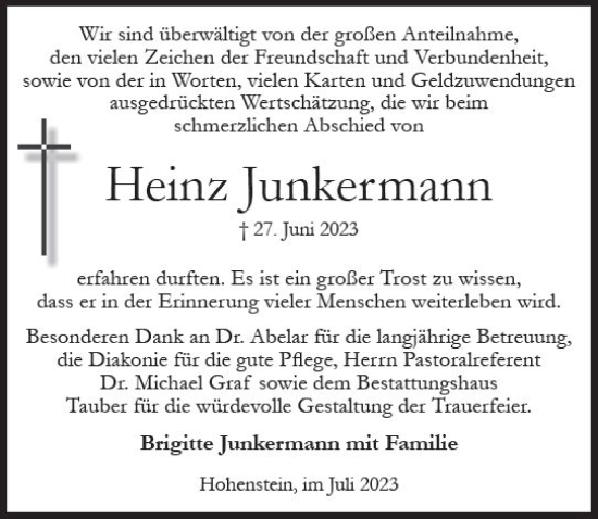 Traueranzeige von Heinz Junkermann von Wiesbadener Kurier