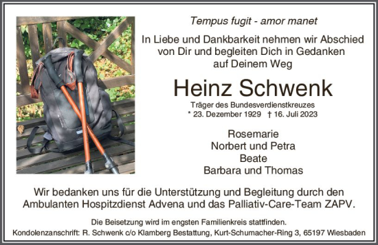 Traueranzeige von Heinz Schwenk von Wiesbadener Kurier