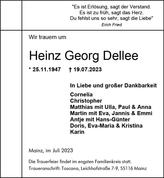 Traueranzeige von Heinz Georg Dellee von Allgemeine Zeitung Mainz