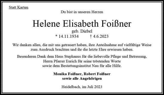 Traueranzeige von Helene Elisabeth Foißner von Oberhessen Kurier