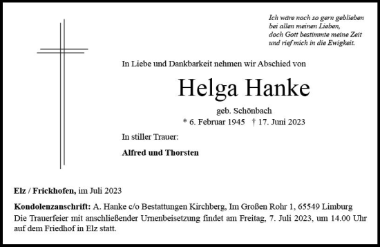 Traueranzeige von Helga Hanke von Nassauische Neue Presse