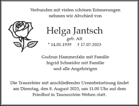 Traueranzeige von Helga Jantsch von Wiesbadener Kurier