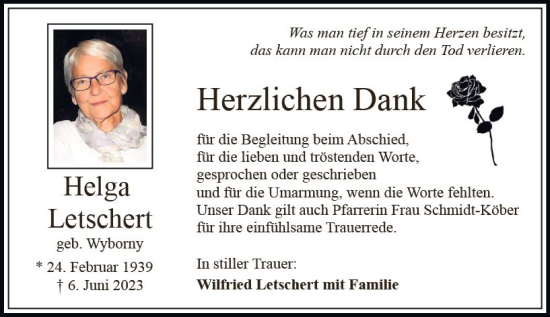 Traueranzeige von Helga Letschert von Nassauische Neue Presse