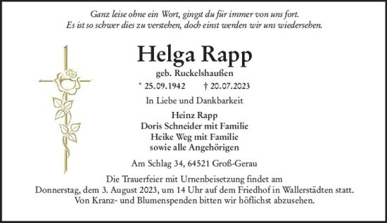 Traueranzeige von Helga Rapp von Rüsselsheimer Echo