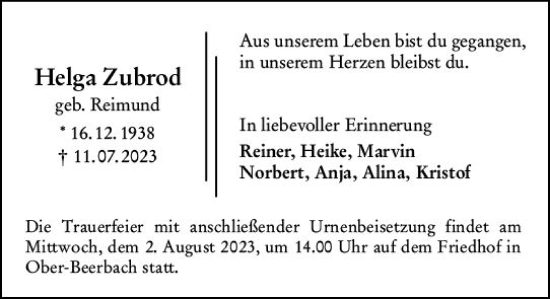 Traueranzeige von Helga Zubrod von Darmstädter Echo
