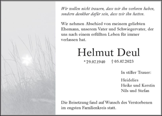 Traueranzeige von Helmut Deul von Wiesbadener Kurier