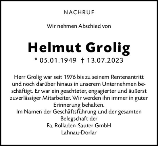 Traueranzeige von Helmut Grolig von Wetzlarer Neue Zeitung
