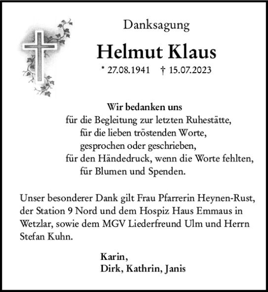 Traueranzeige von Helmut Klaus von Wetzlarer Neue Zeitung