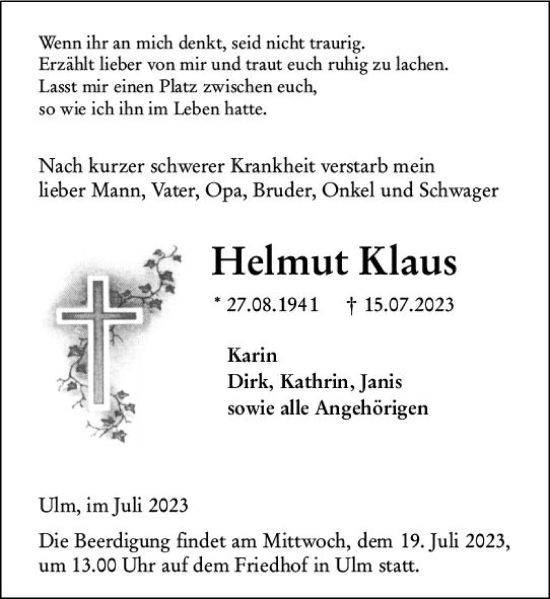 Traueranzeige von Helmut Klaus von Wetzlarer Neue Zeitung
