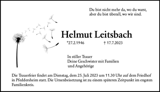 Traueranzeige von Helmut Leitsbach von Wormser Zeitung