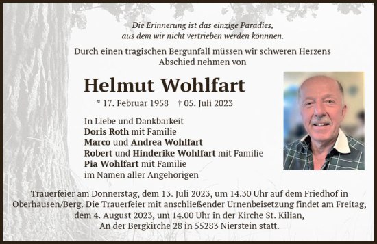 Traueranzeige von Helmut Wohlfart von Allgemeine Zeitung Mainz