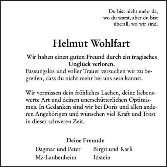 Traueranzeige von Helmut Wohlfart von Allgemeine Zeitung Mainz
