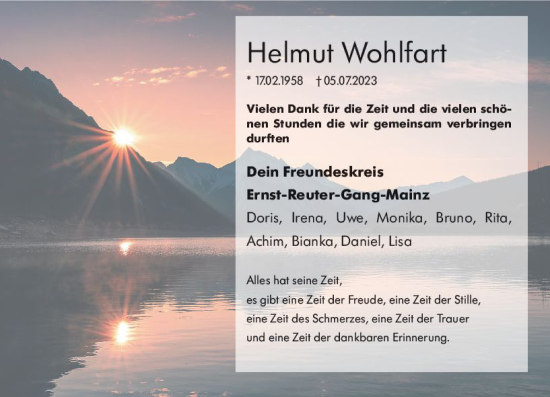 Traueranzeige von Helmut Wohlfart von Allgemeine Zeitung Mainz