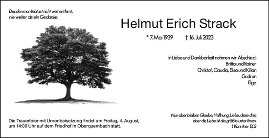 Traueranzeige von Helmut Erich Strack von Wetzlarer Neue Zeitung