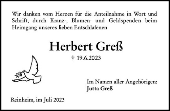 Traueranzeige von Herbert Greß von Darmstädter Echo