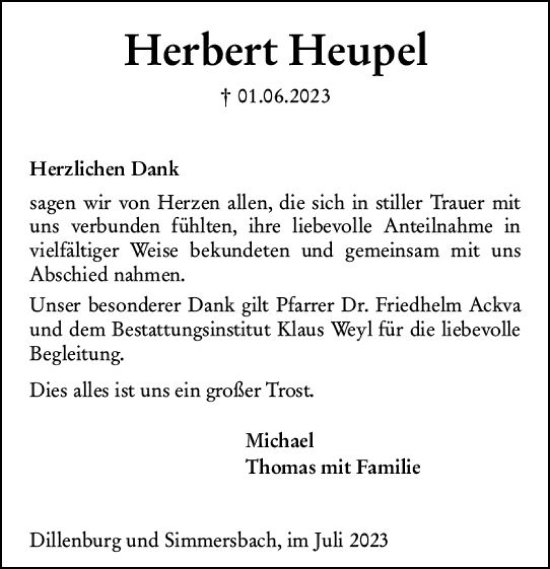 Traueranzeige von Herbert Heupel von Dill Block