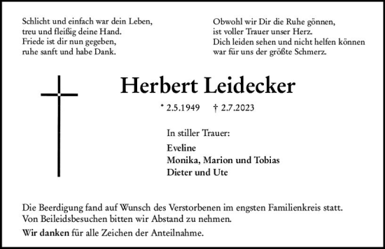 Traueranzeige von Herbert Leidecker von Wetzlarer Neue Zeitung