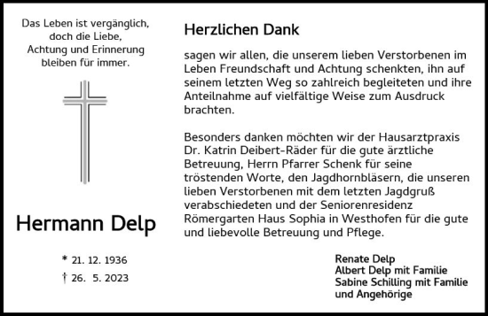 Traueranzeige von Hermann Delp von Wormser Zeitung