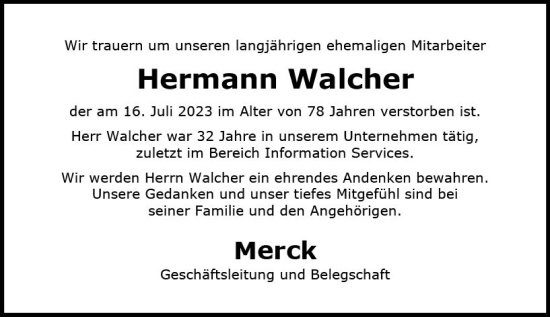 Traueranzeige von Hermann Walcher von Darmstädter Echo