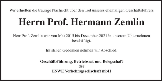 Traueranzeige von Hermann Zemlin von Wiesbadener Kurier