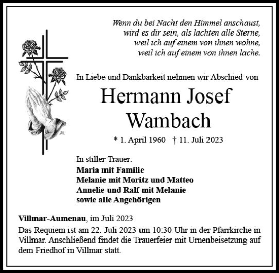 Traueranzeige von Hermann Josef Wambach von Weilburger Tageblatt