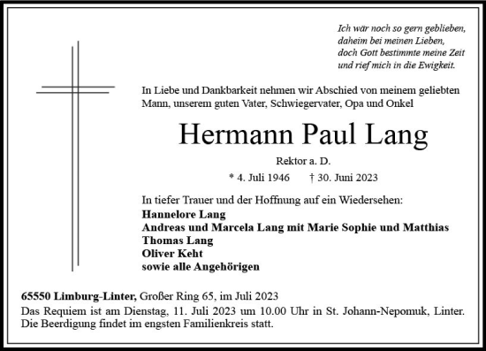 Traueranzeige von Hermann Paul Lang von Nassauische Neue Presse