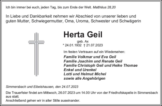 Traueranzeige von Herta Geil von Dill Block