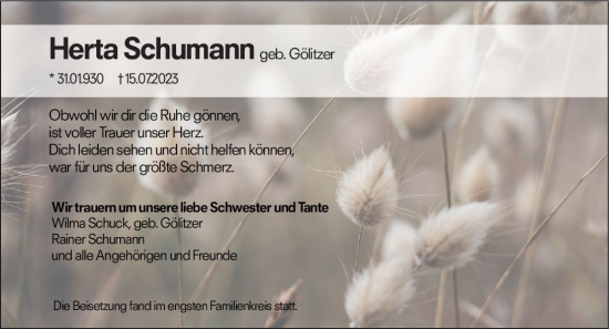 Traueranzeige von Herta Schumann von Wiesbadener Kurier