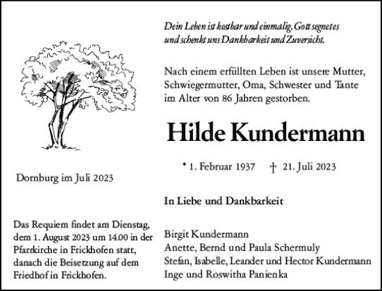 Traueranzeige von Hilde Kundenmann von Nassauische Neue Presse