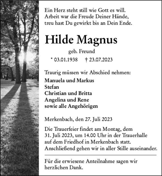 Traueranzeige von Hilde Magnus von Dill Block