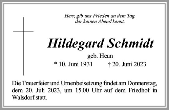 Traueranzeige von Hildegard Schmidt von Camberger Anzeiger