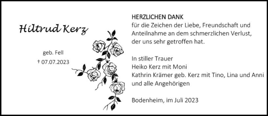 Traueranzeige von Hiltrud Kerz von Allgemeine Zeitung Mainz