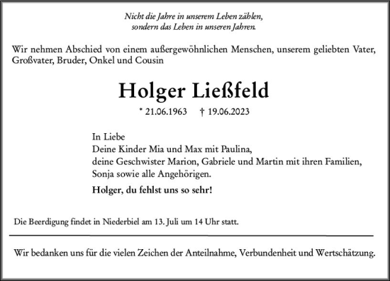 Traueranzeige von Holger Ließfeld von Wetzlarer Neue Zeitung