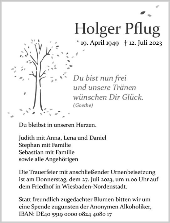 Traueranzeige von Holger Pflug von Wiesbadener Kurier