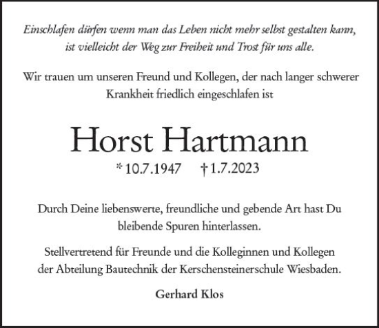 Traueranzeige von Horst Hartmann von Wiesbadener Kurier