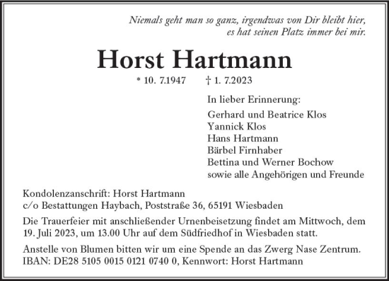 Traueranzeige von Horst Hartmann von Wiesbadener Kurier