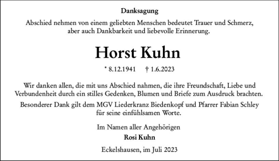 Traueranzeige von Horst Kuhn von Hinterländer Anzeiger