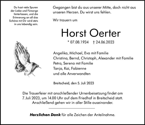 Traueranzeige von Horst Oerter von Dill Block