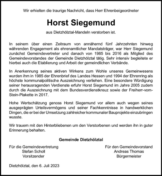 Traueranzeige von Horst Siegemund von Dill Block