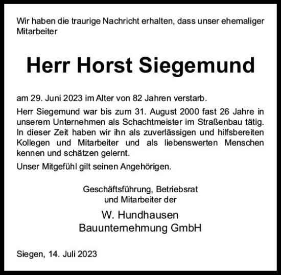 Traueranzeige von Horst Siegemund von Dill Block